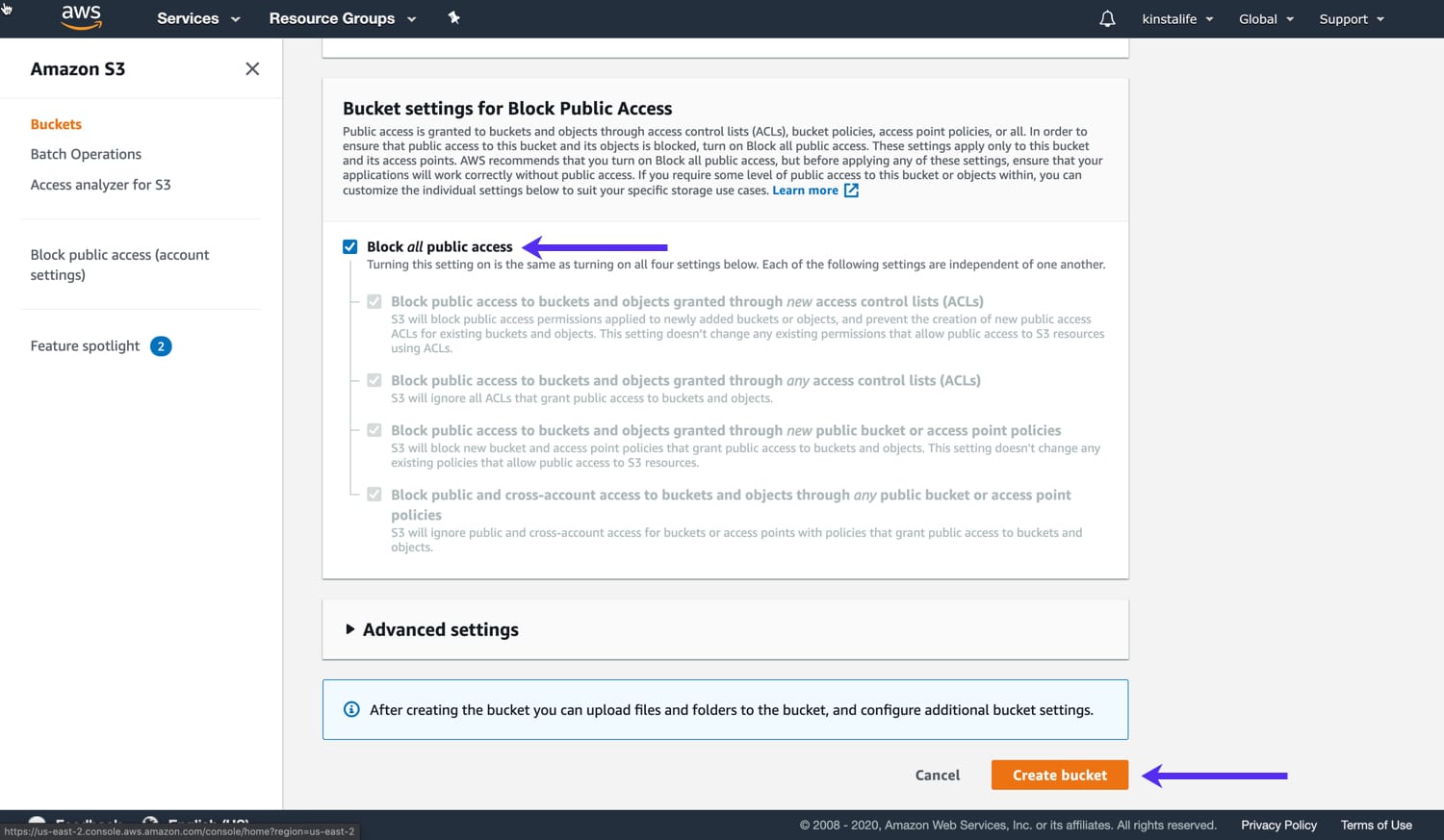 Create your Amazon S3 bucket Créez votre seau Amazon S3.