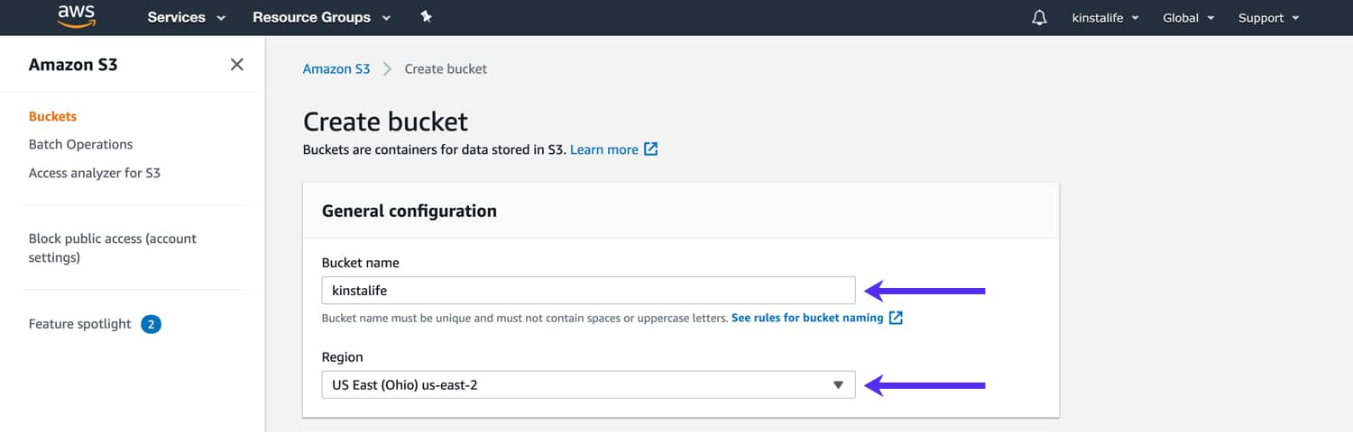 Specify a name and region for your S3 bucket Spécifiez un nom et une région pour votre seau S3.