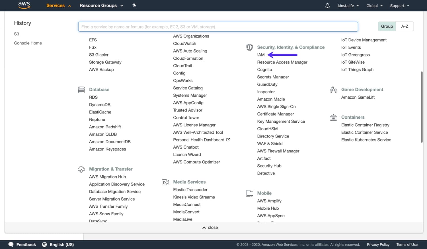 Navigate to IAM settings in AWS Naviguez vers les réglages IAM dans AWS.