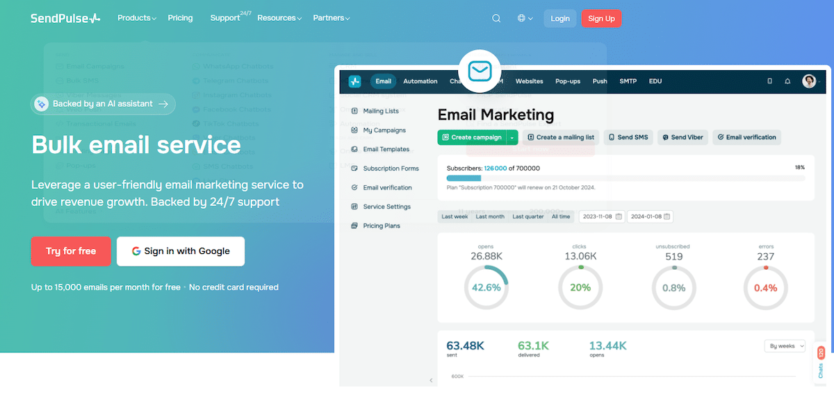 SendPulse marketing email platform homepage