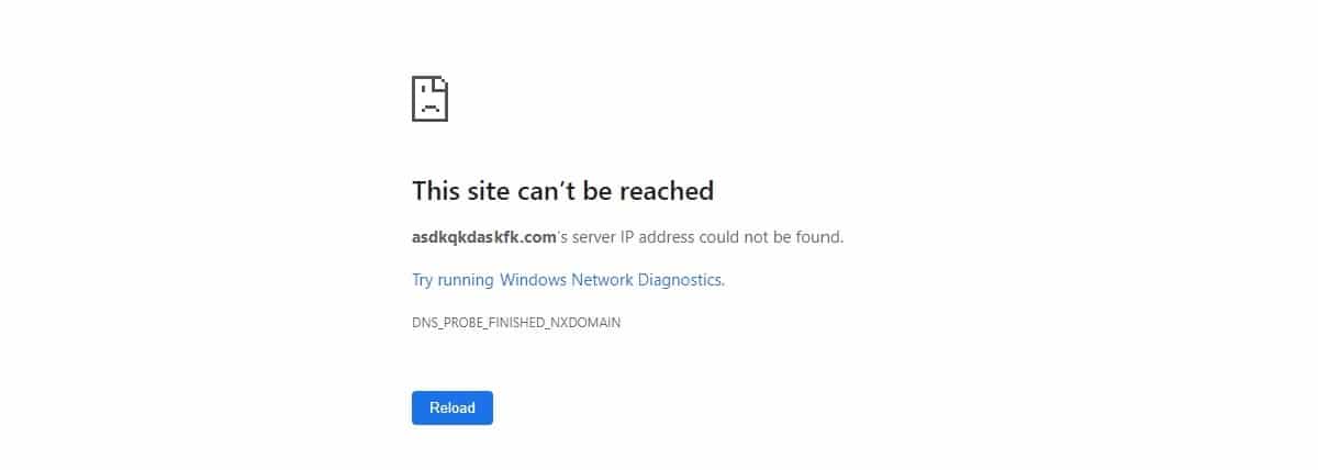 Foutmelding DNS probe voor een niet-bestaande pagina