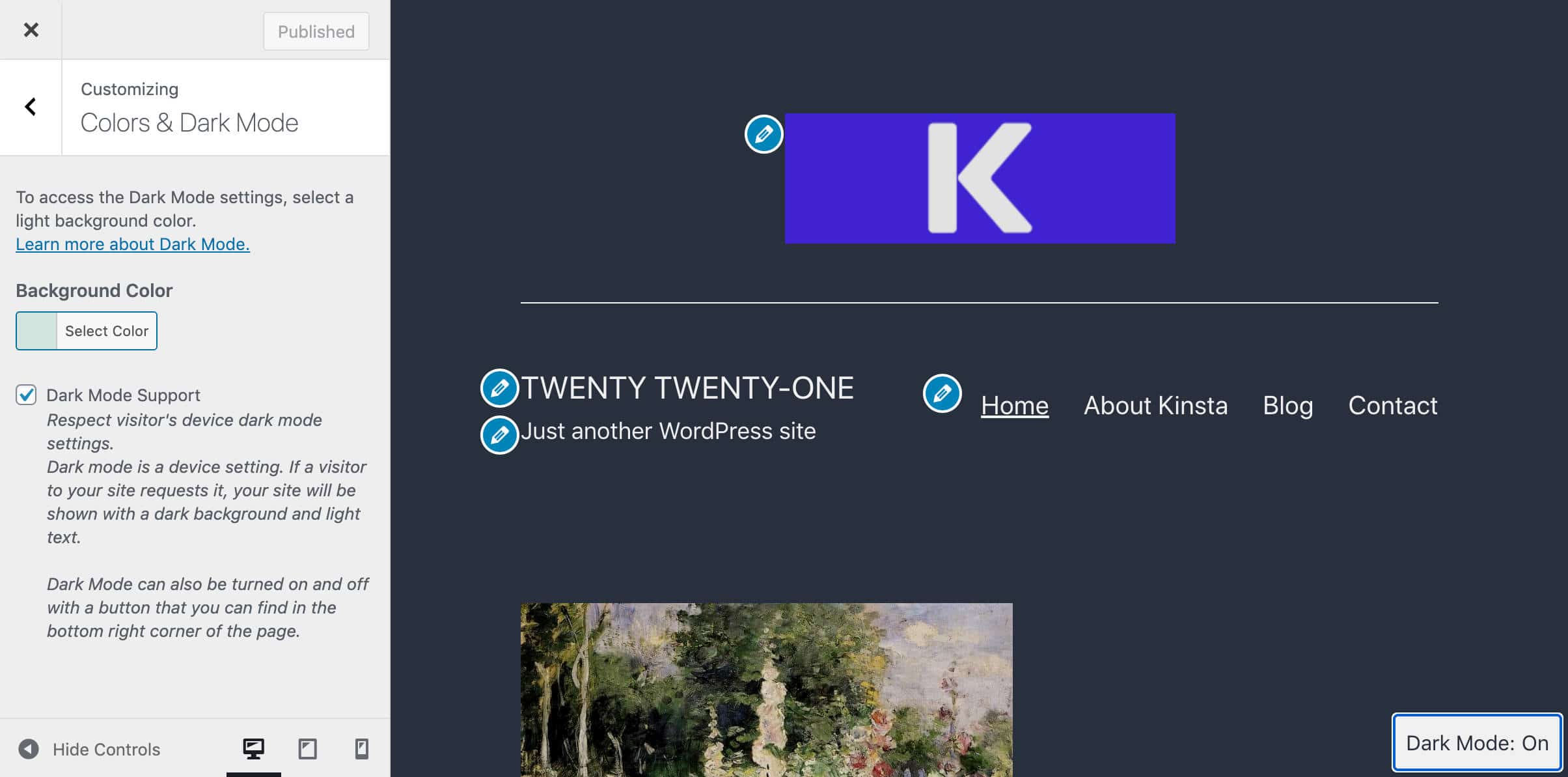 Dark mode ingeschakeld in de Customizer en ingeschakeld op de front-end
