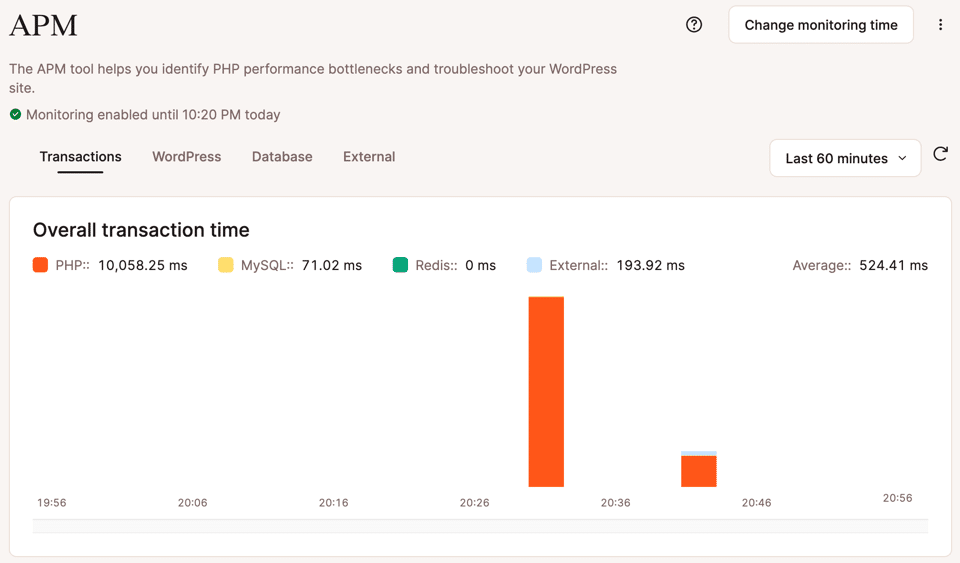 Una visión general de los datos de APM en MyKinsta.
