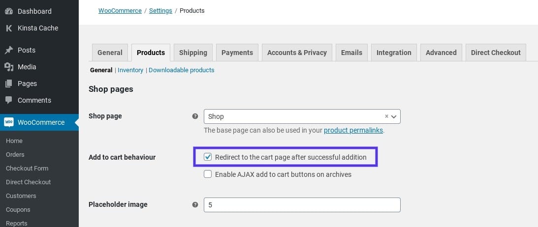 La opción de redirigir al carro en Direct Checkout for WooCommerce