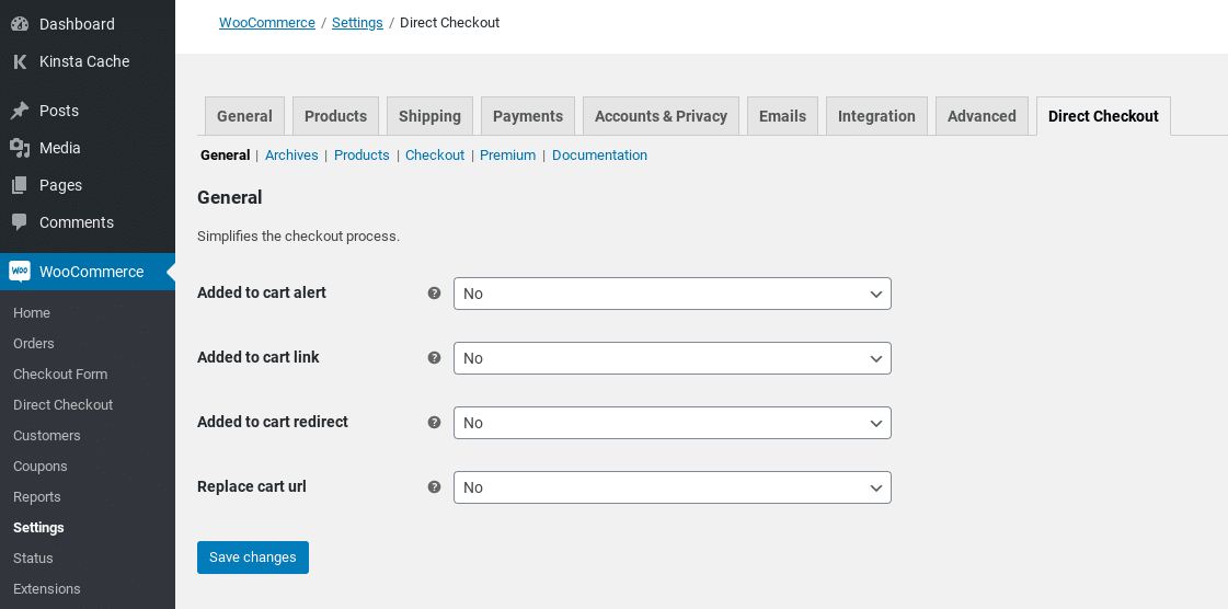 La configuración del plugin de Direct Checkout for WooCommerce