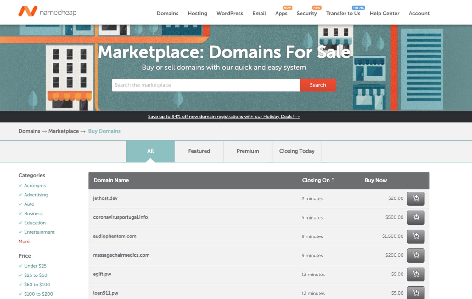 Marktplaats voor domeinen van Namecheap
