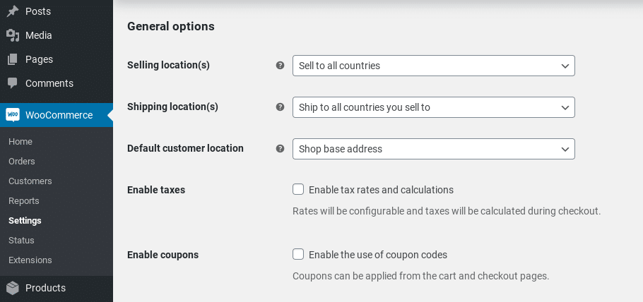 La página de configuración general en WooCommerce.
