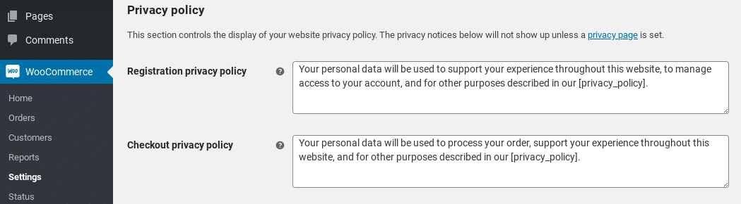 Configuración de la política de privacidad en WooCommerce