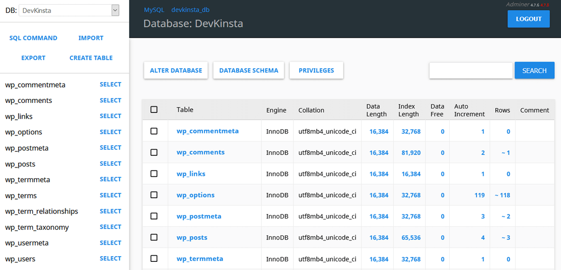 O administrador tem o poder de gerenciar o banco de dados da DevKinsta.