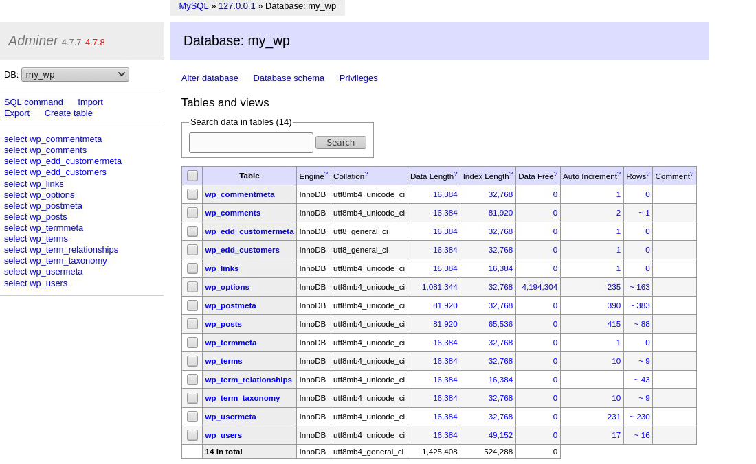 Explorando um banco de dados WordPress com Adminer.