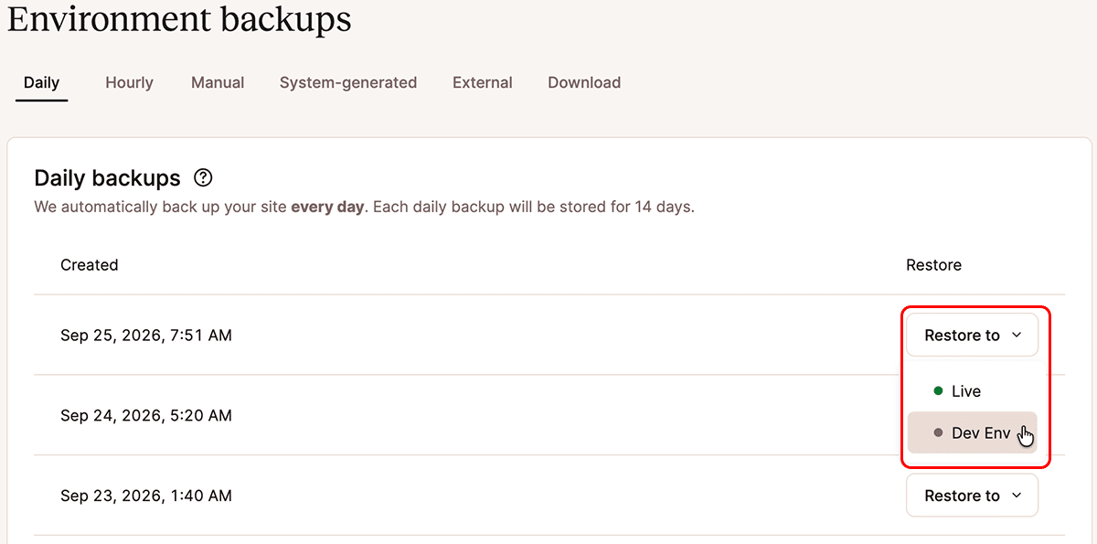 Dagelijkse backups en herstelopties in MyKinsta.