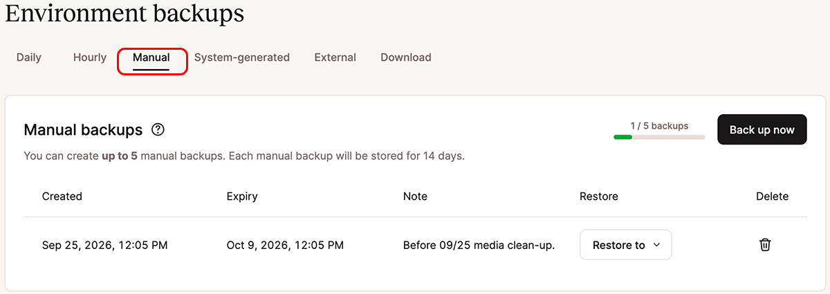 A screenshot of the display for manual backups in MyKinsta.