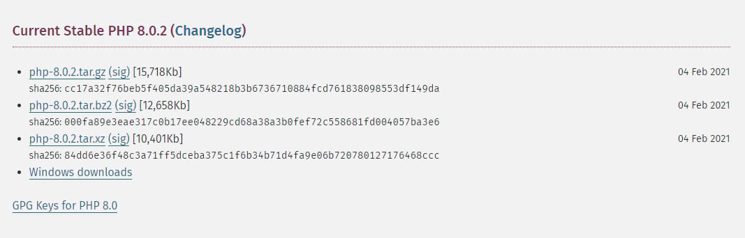 PHP downloads page