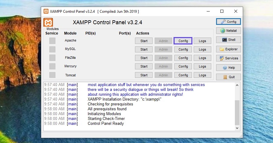 Il pannello di controllo di XAMPP in Windows.