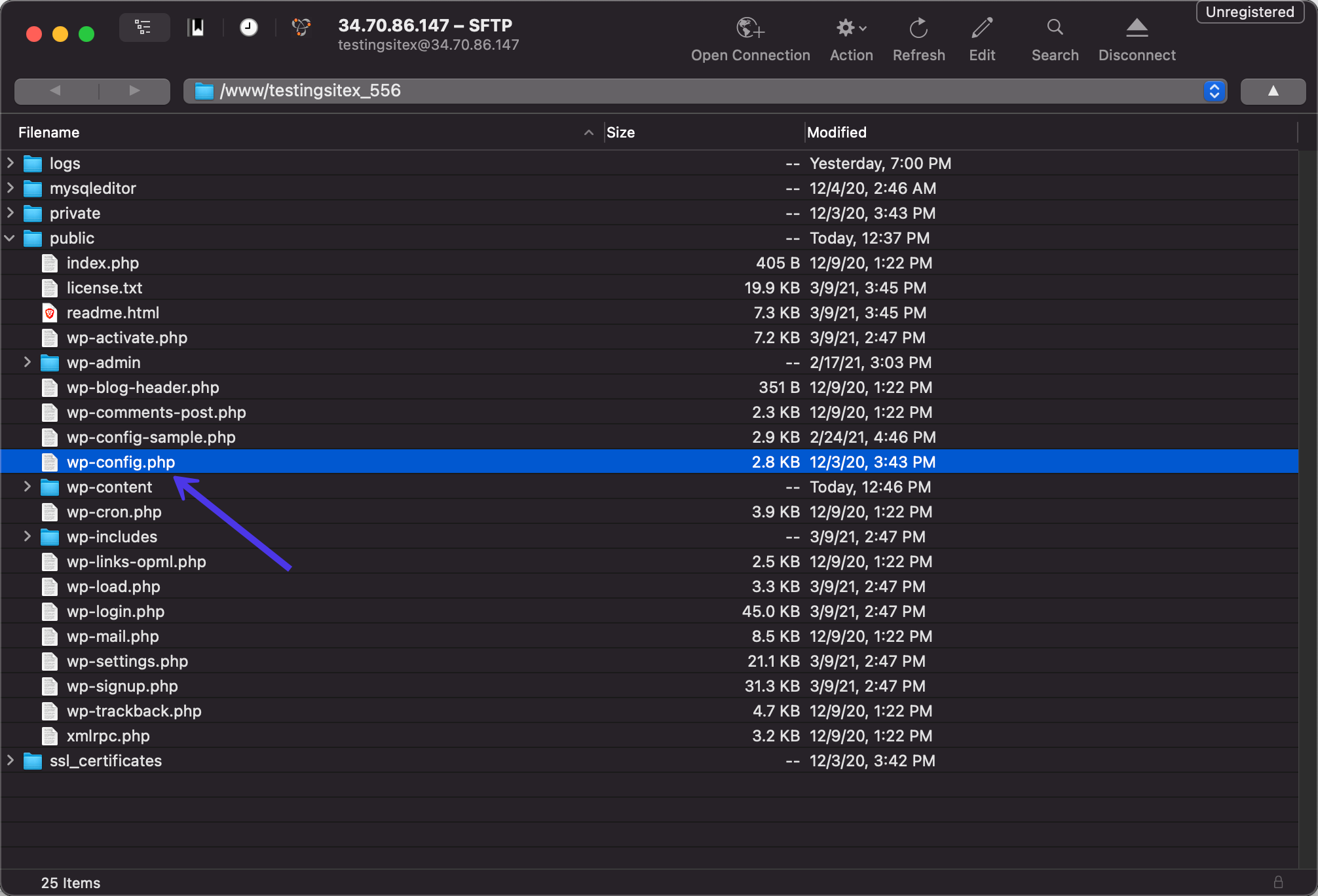 Find the wp-config file