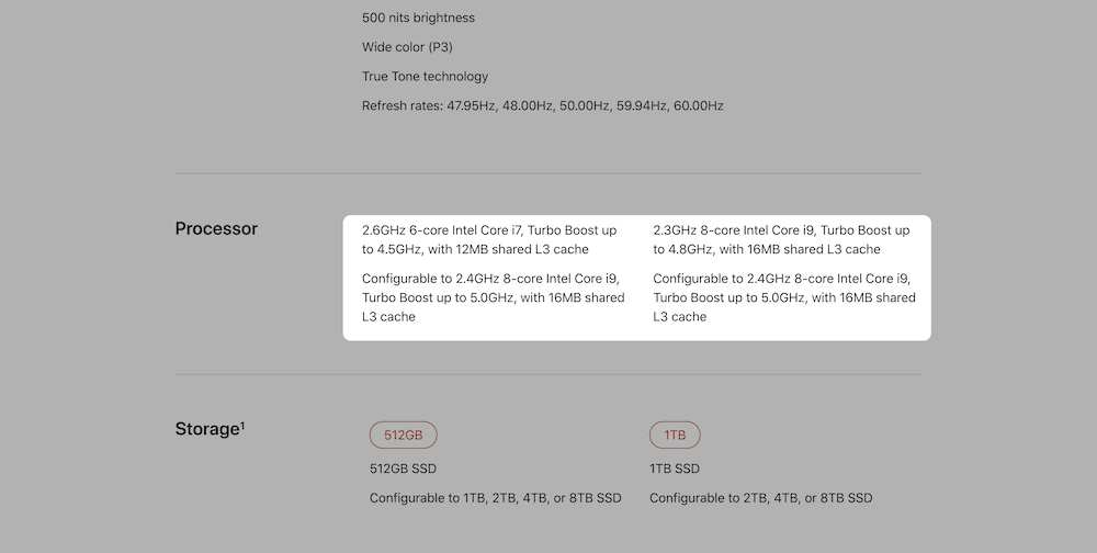 The Apple MacBook specs, showing a built-in cache. Spécifications de l'Apple MacBook, montrant un cache intégré.