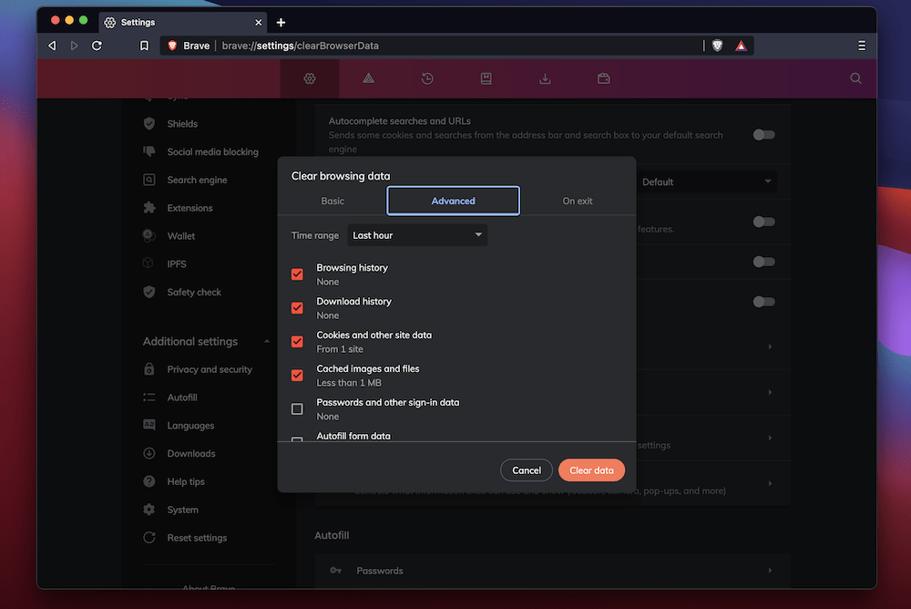 Brave’s Privacy and security section. La section Confidentialité et sécurité de Brave.