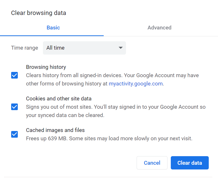 El proceso de limpieza de la caché de Chrome, marca todas las opciones y establece el rango de tiempo en 