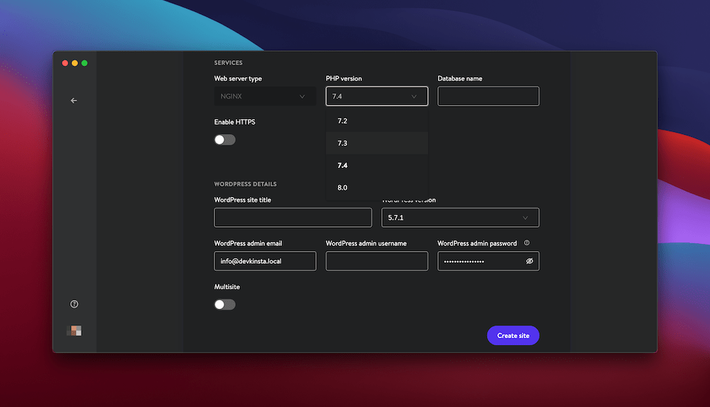 DevKinsta's server settings. La configuración del servidor de DevKinsta.