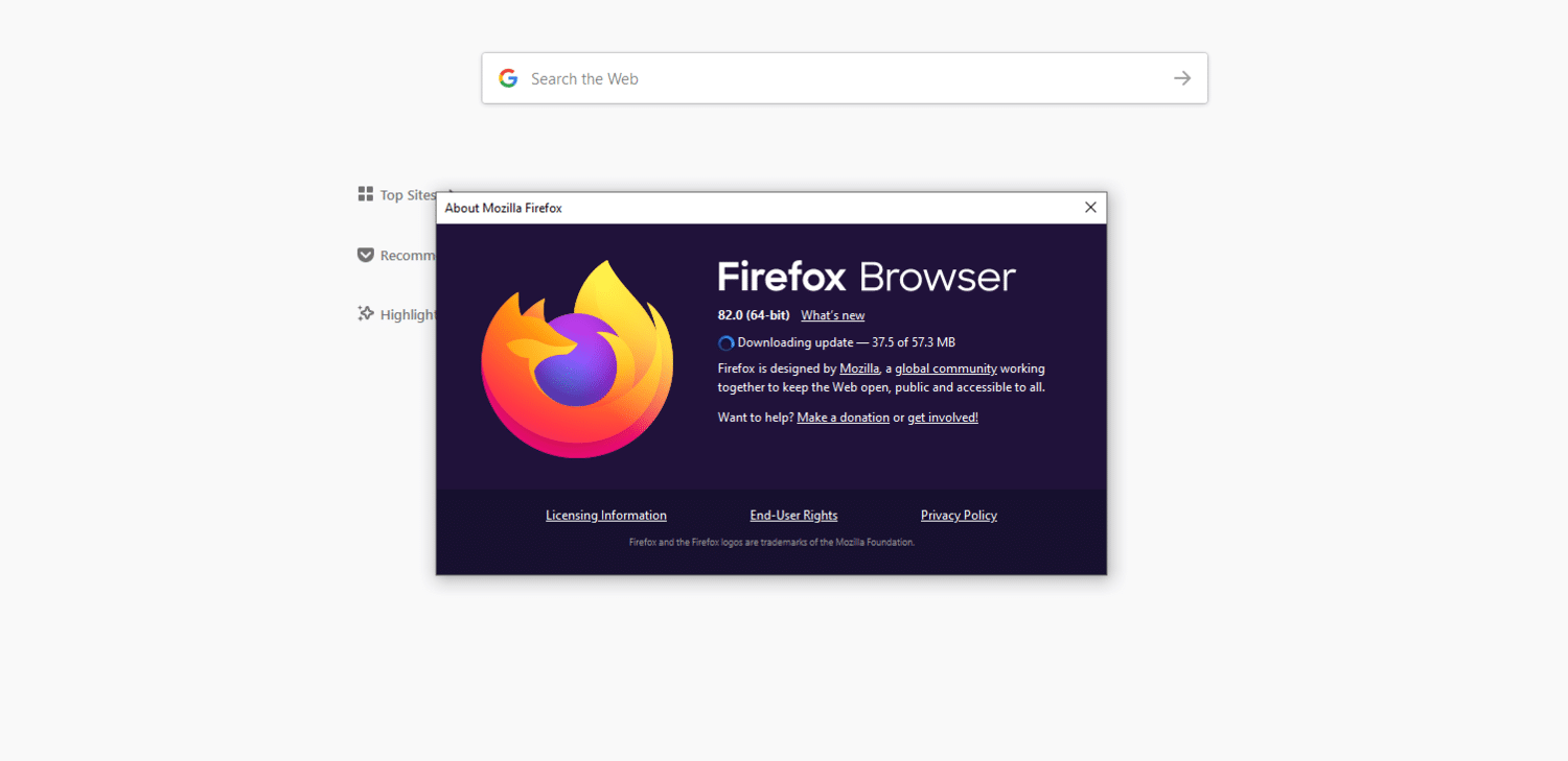 The Firefox browser window notifying user that updates are downloading.