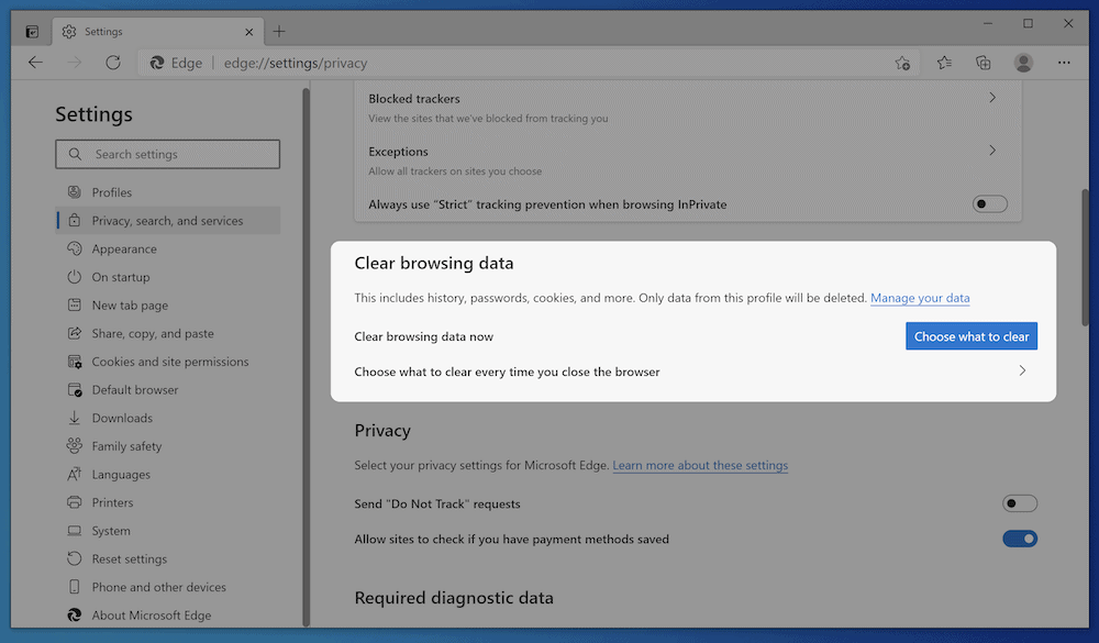 The Microsoft Edge caching options. Options de mise en cache de Microsoft Edge.