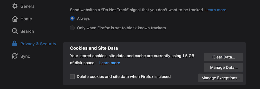 Firefox’ Privacy & Security preferences. Préférences de confidentialité et de sécurité de Firefox.