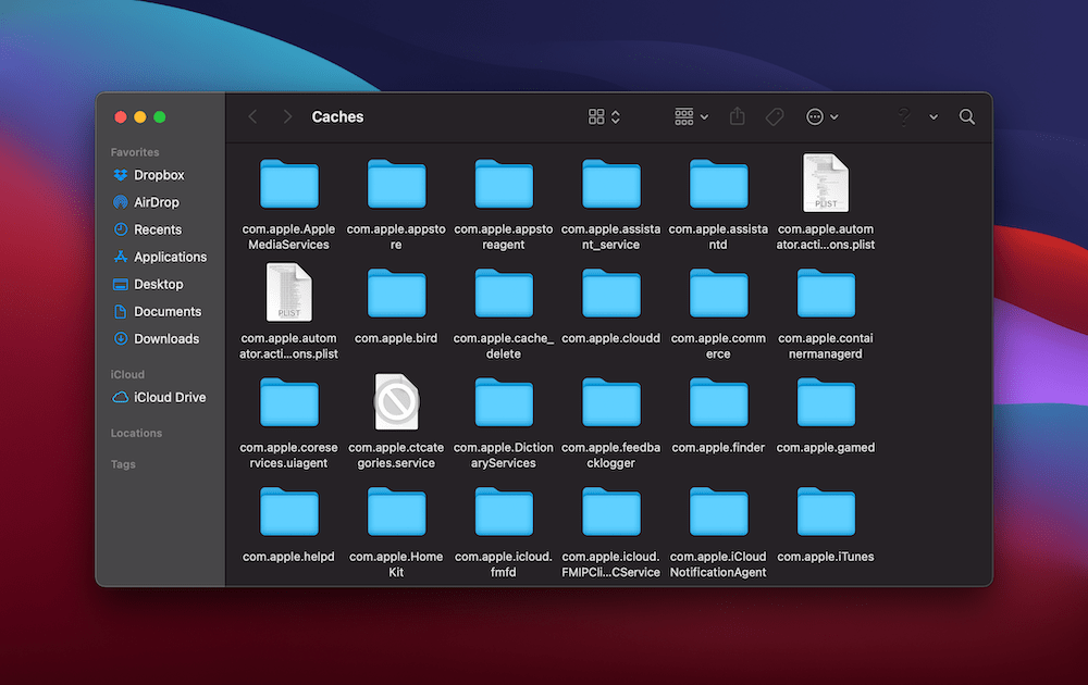 The macOS Caches folder. Le répertoire macOS Caches.