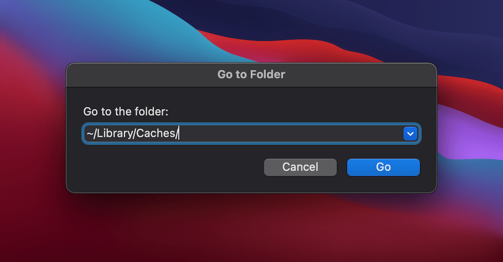 The Finder’s Go window showing the location of the Mac cache. La fenêtre Go du Finder montrant l'emplacement du cache du Mac.
