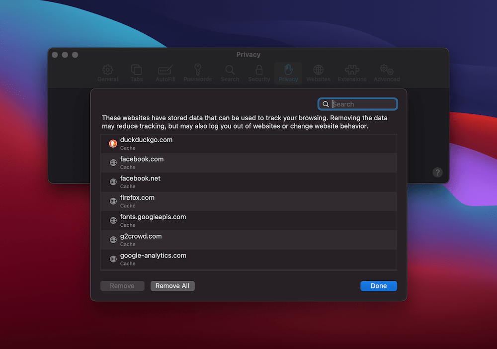 Safari’s Privacy tab. L'onglet Confidentialité de Safari.