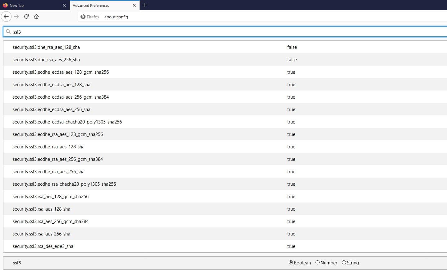A list of SSl3 configurations in Firefox.