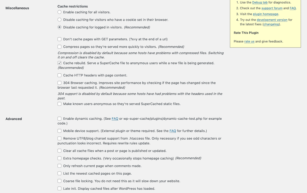 The WP Super Cache Advanced settings. Les réglages avancés de WP Super Cache.