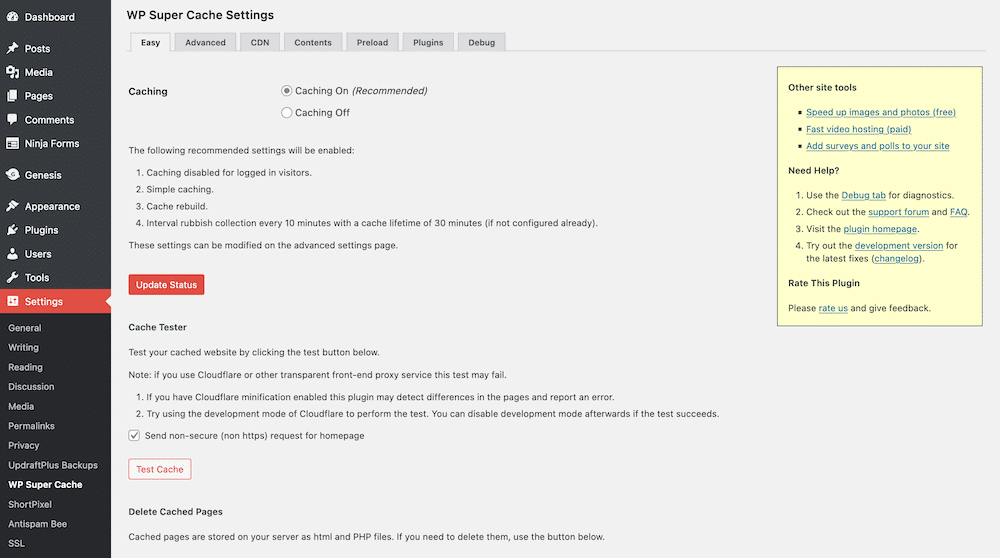 WP Super Cache’s settings. Les réglages de WP Super Cache.