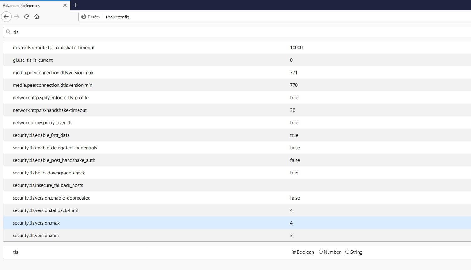A list of TLS configurations in Firefox.