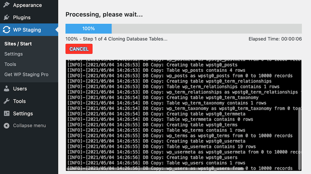 The WP Staging plugin's cloning procedure. El procedimiento de clonación del plugin WP Staging.