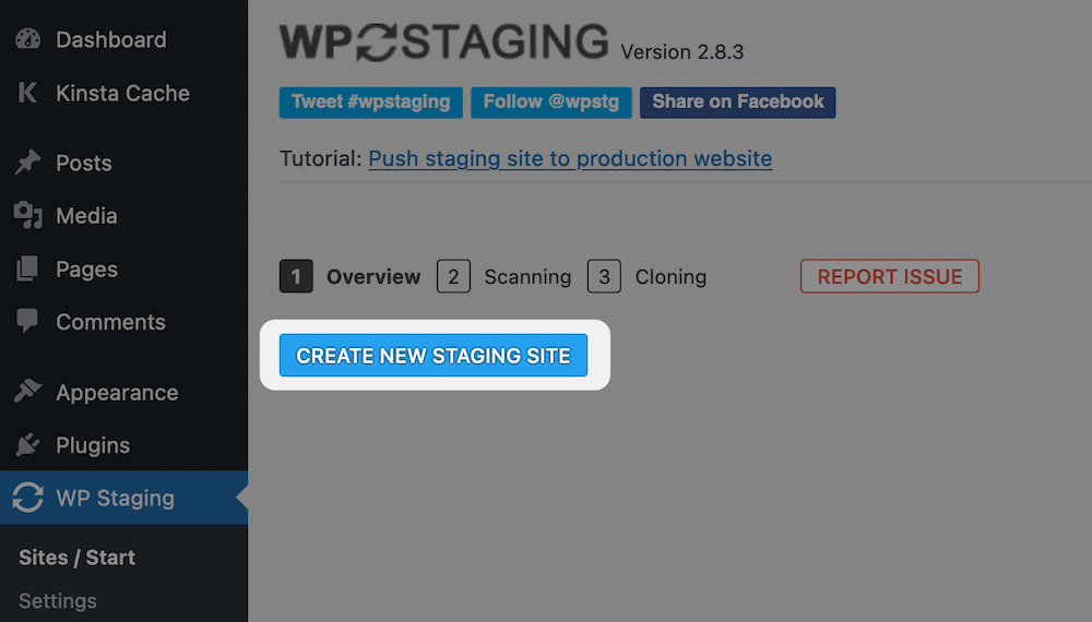 Creating a new staging site with WP Staging. Crear un nuevo sitio de ensayo con WP Staging.