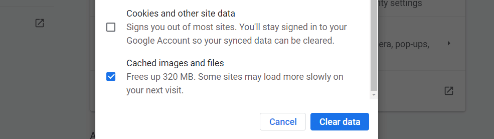 Clearing cached images and files in Chrome Clearing cached images and files in Chrome, showing the checked checkbox for