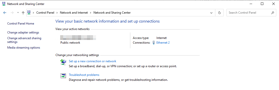 Changing your network adapter settings WIndow's Network and Sharing Center screen showing
