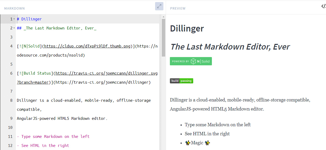 The Dillinger markdown editor The Dillinger markdown editor showing marked-down filler text on the left and its resultant styled text on the right.