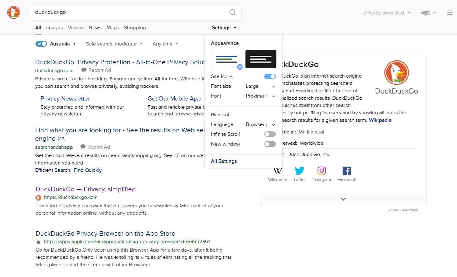 Puedes cambiar la configuración de DuckDuckGo para obtener una experiencia más personalizada.