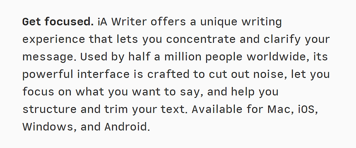 An advertisement for the iA Writer markdown editor, starting with: