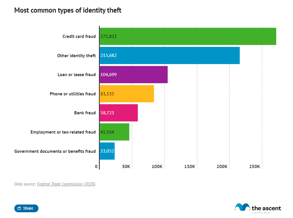 A bar graph showing 2019 US credit card fraud cases by type of identity thef 2019 US credit card fraud cases (Source: The Ascent)