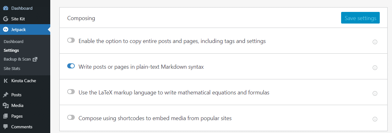 Enabling markdown syntax in WordPress The option in Jetpack in WordPress for enabling markdown syntax in WordPress.