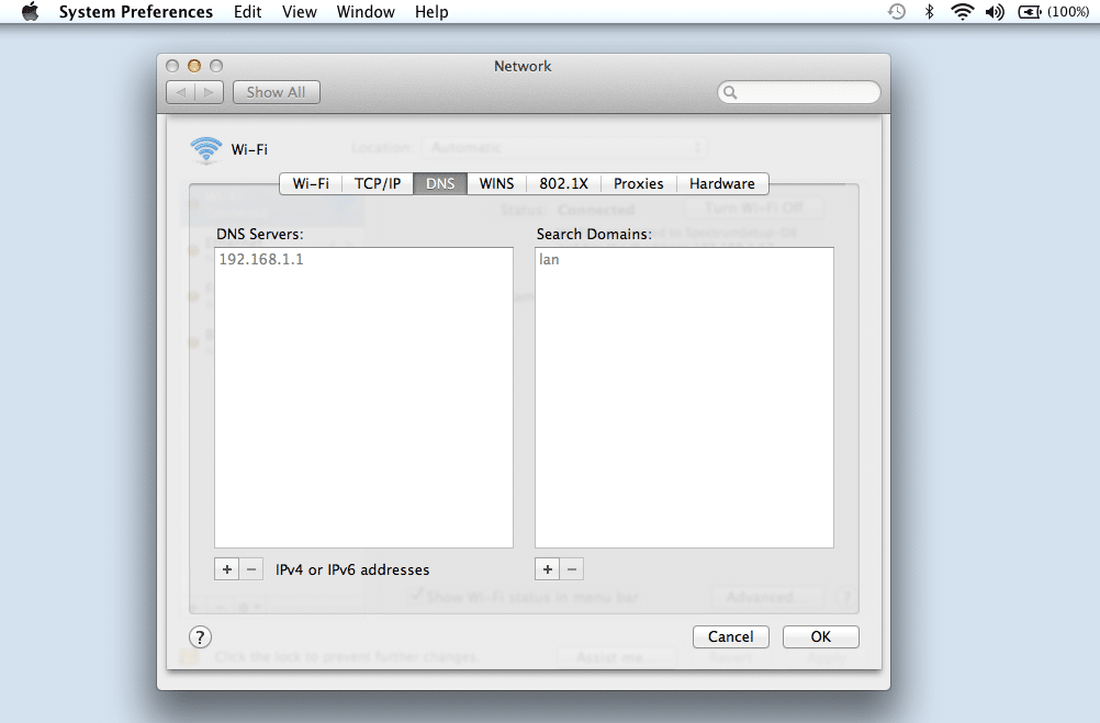 The DNS tab of the macOS network settings The DNS tab of the macOS network settings