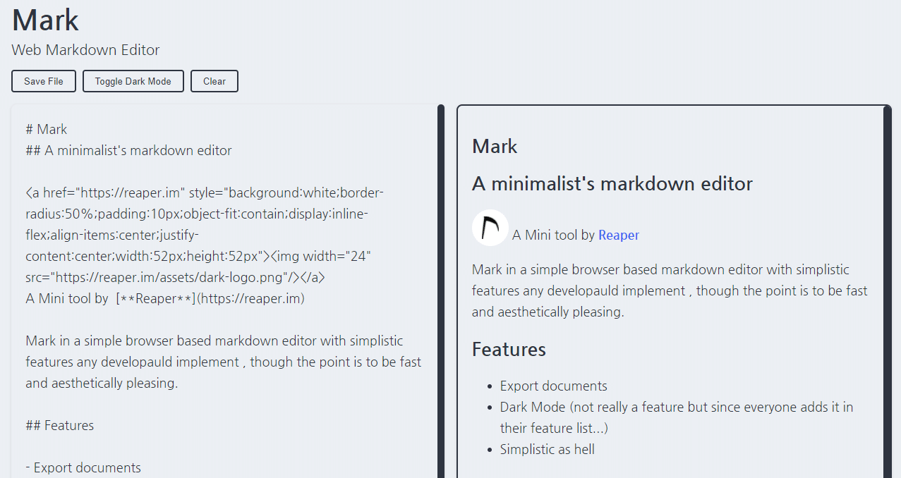 The Mark markdown editor The Mark markdown editor showing text with markdown on the left and its resultant styled text on the right.