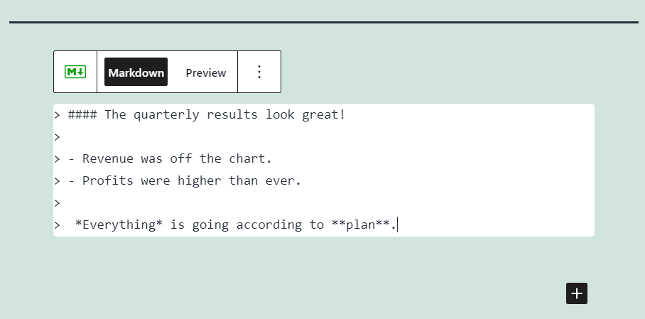 Using the Jetpack Markdown block The Jetpack Markdown editor showing filler text styled with markdown.