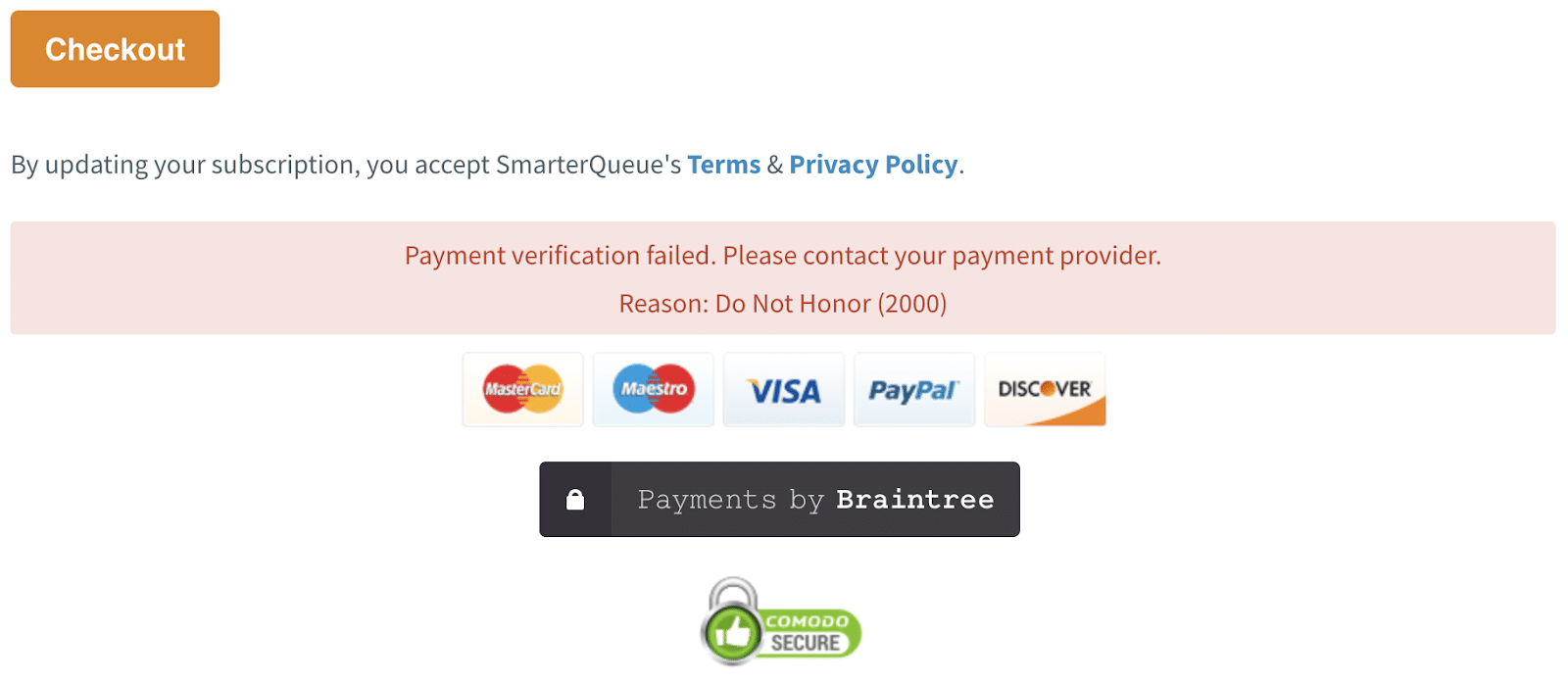 Example of a online credit card purchase being declined showing Example of a online credit card purchase being declined (Source: SmarterQueue.com)
