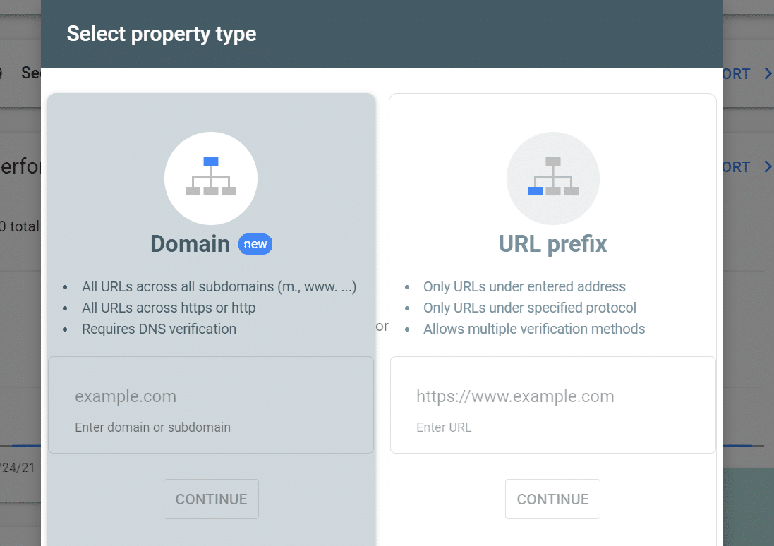 Selecting a property type in Search Console with the 