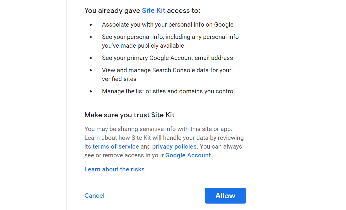 A list of Site Kit permission requirements with options to 