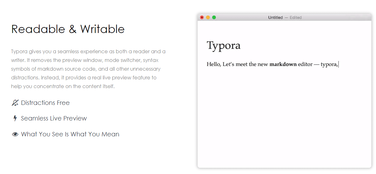 The Typora markdown editor The Typora markdown editor homepage with the heading