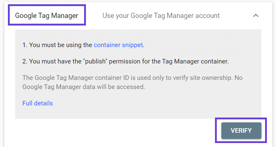 The screen to verify your Google Tag Manager account with the 